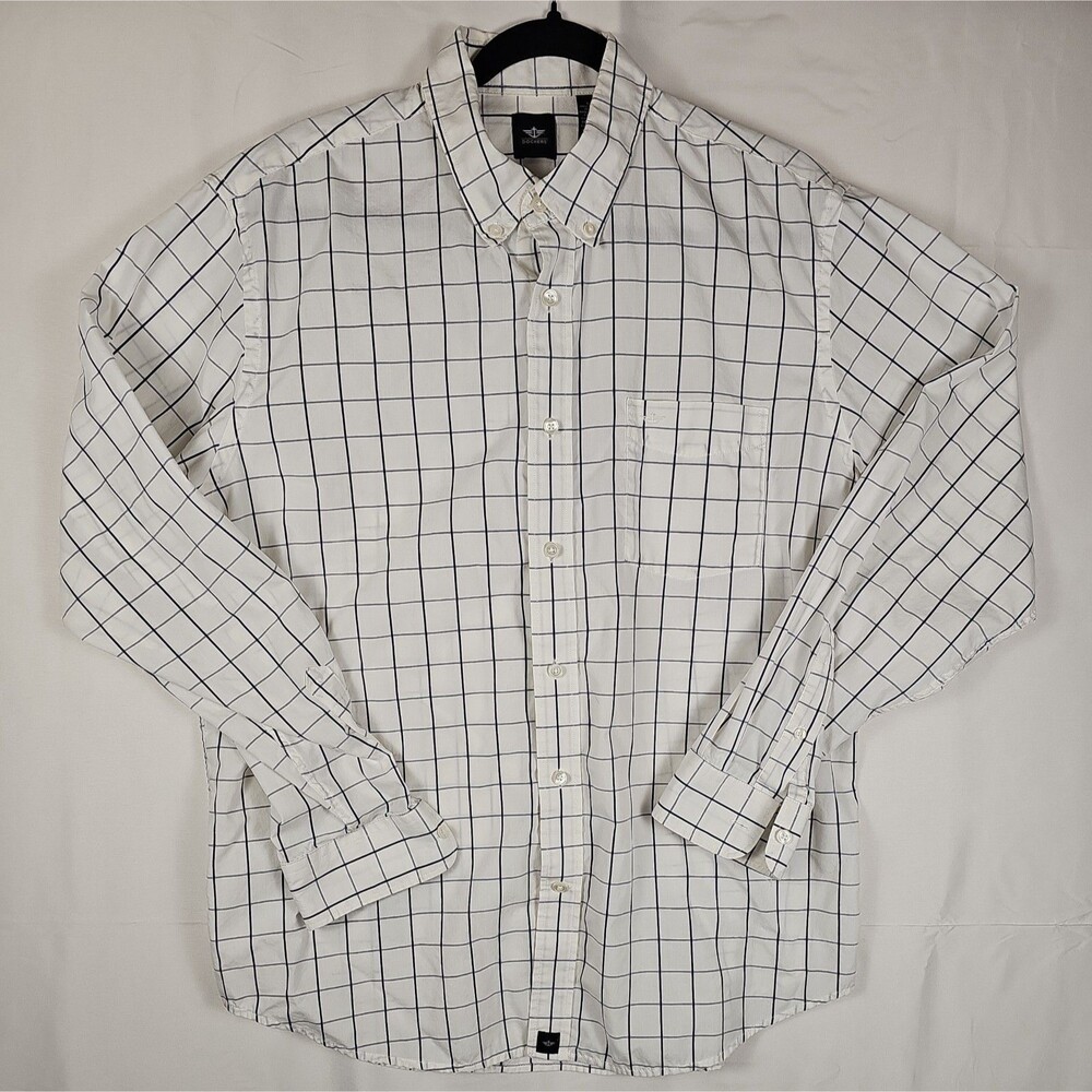 Dockers Mens Large White Blue Tan Check LS Front Button Up Shirt
